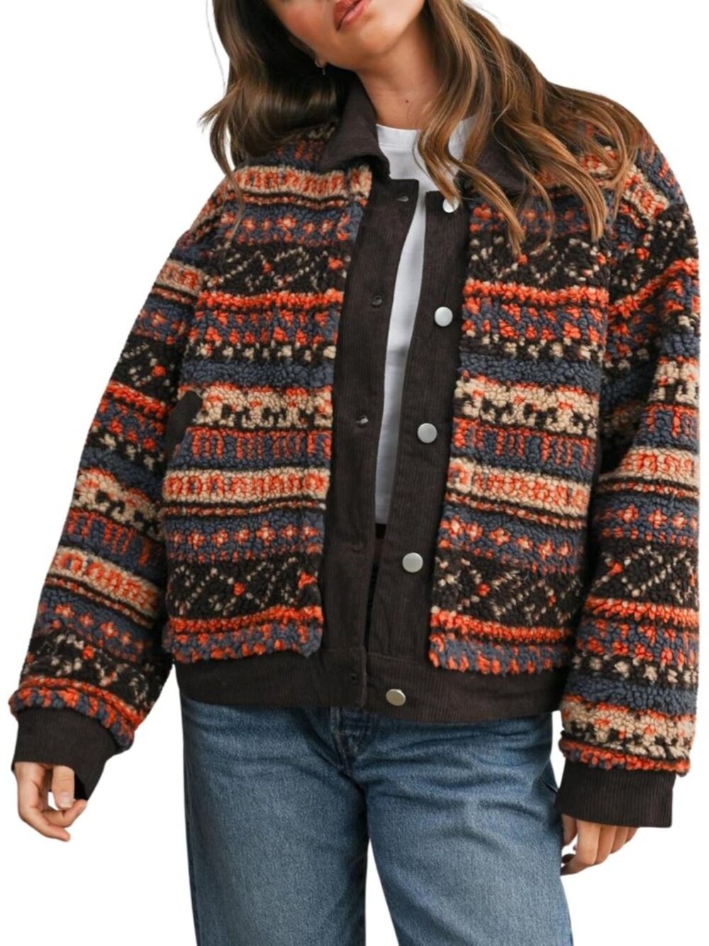 Women's Coffee Floral Sherpa Front Denim Collar With Pockets Oversized Jackets
